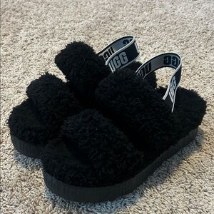 UGG Black Fluffy Sandals platform